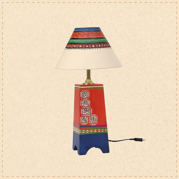 Pyramid-I wooden Table Lamp in Red decorated with Tribal paintings with white Shade