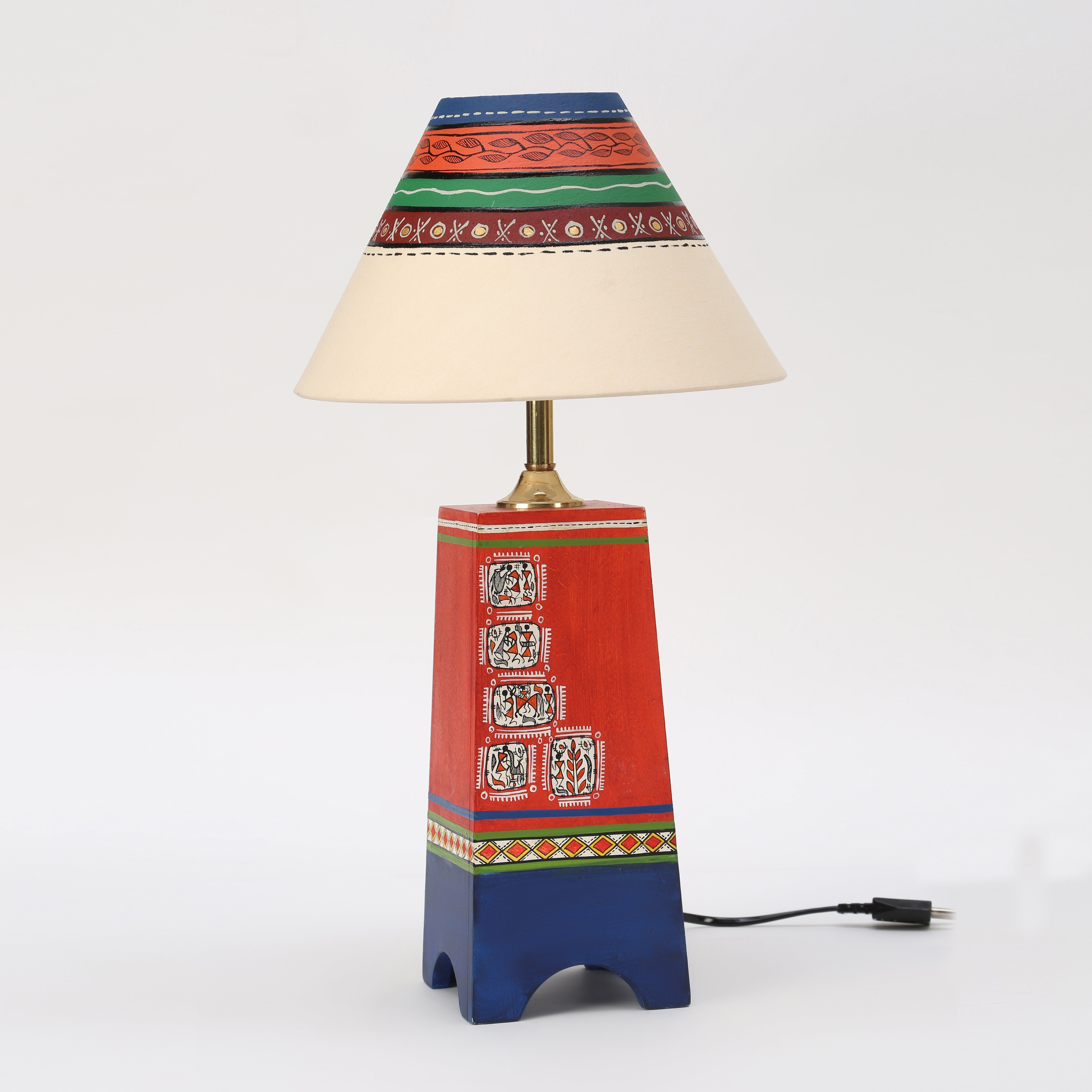 Pyramid-I wooden Table Lamp in Red decorated with Tribal paintings with white Shade