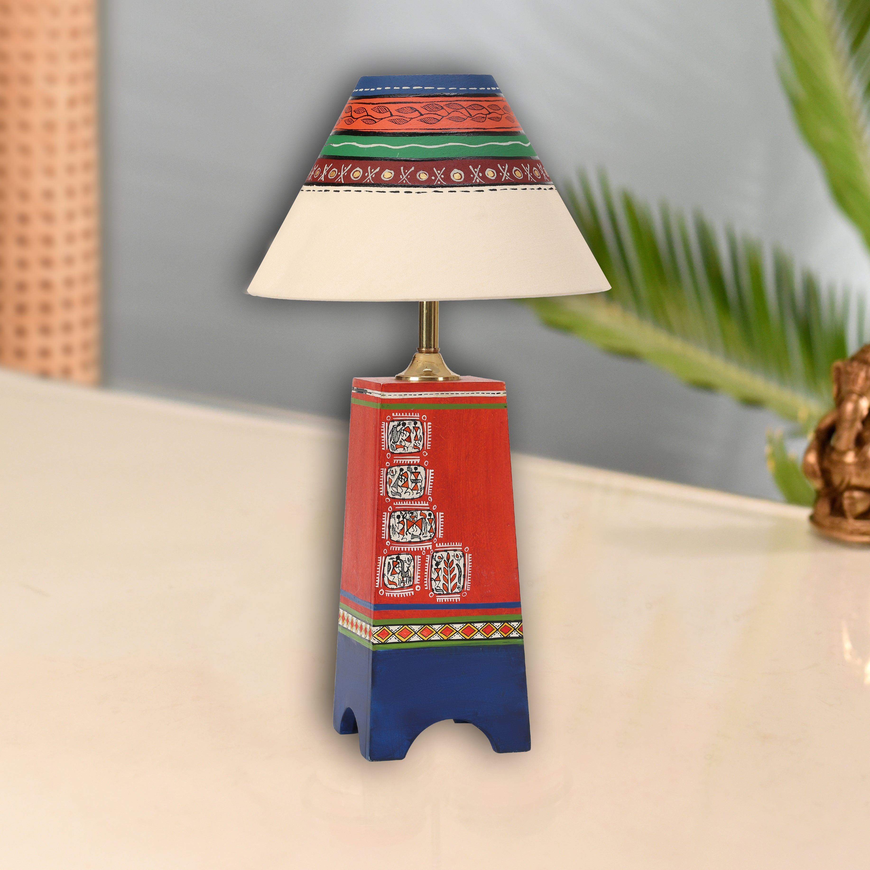 Pyramid-I wooden Table Lamp in Red decorated with Tribal paintings with white Shade