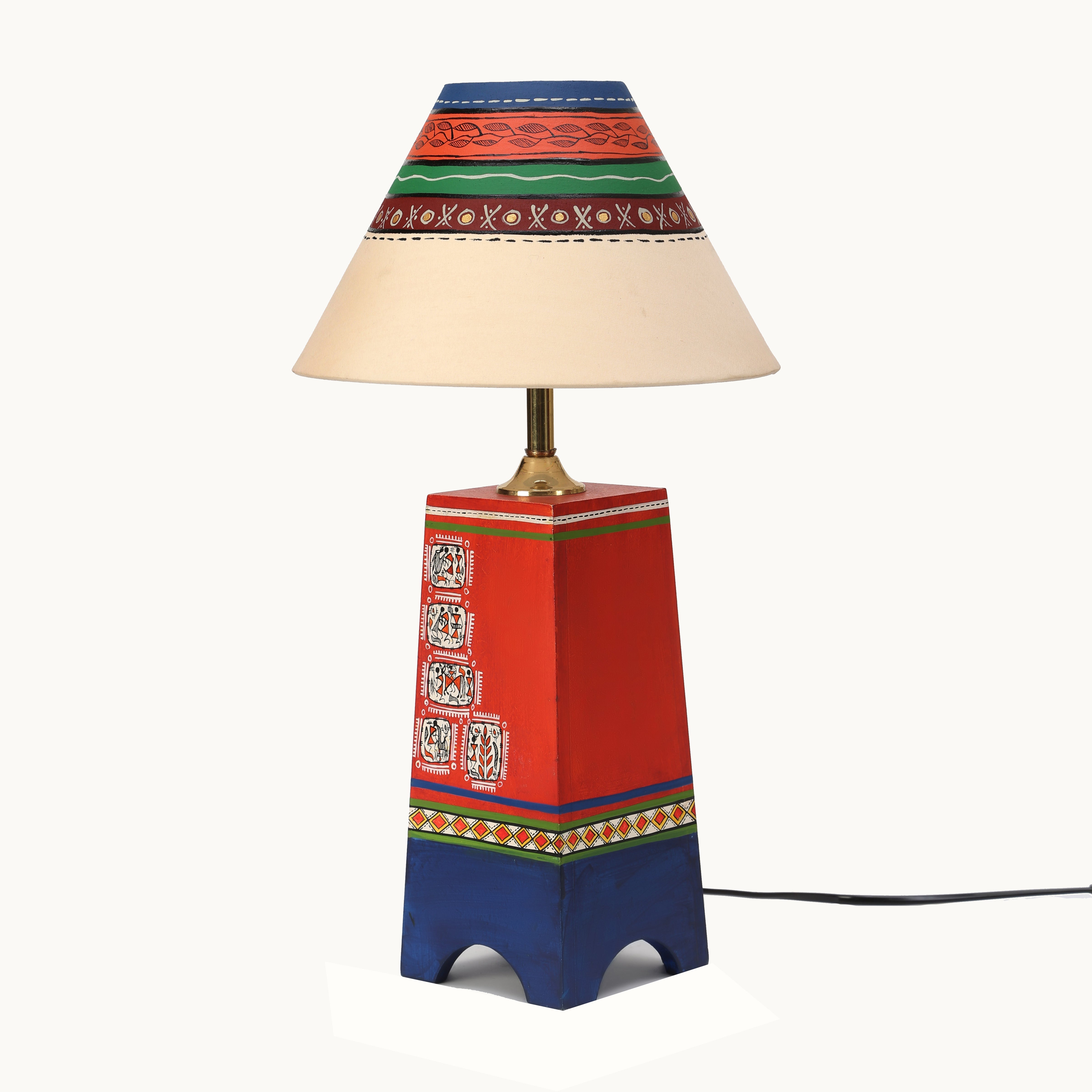 Pyramid-I wooden Table Lamp in Red decorated with Tribal paintings with white Shade