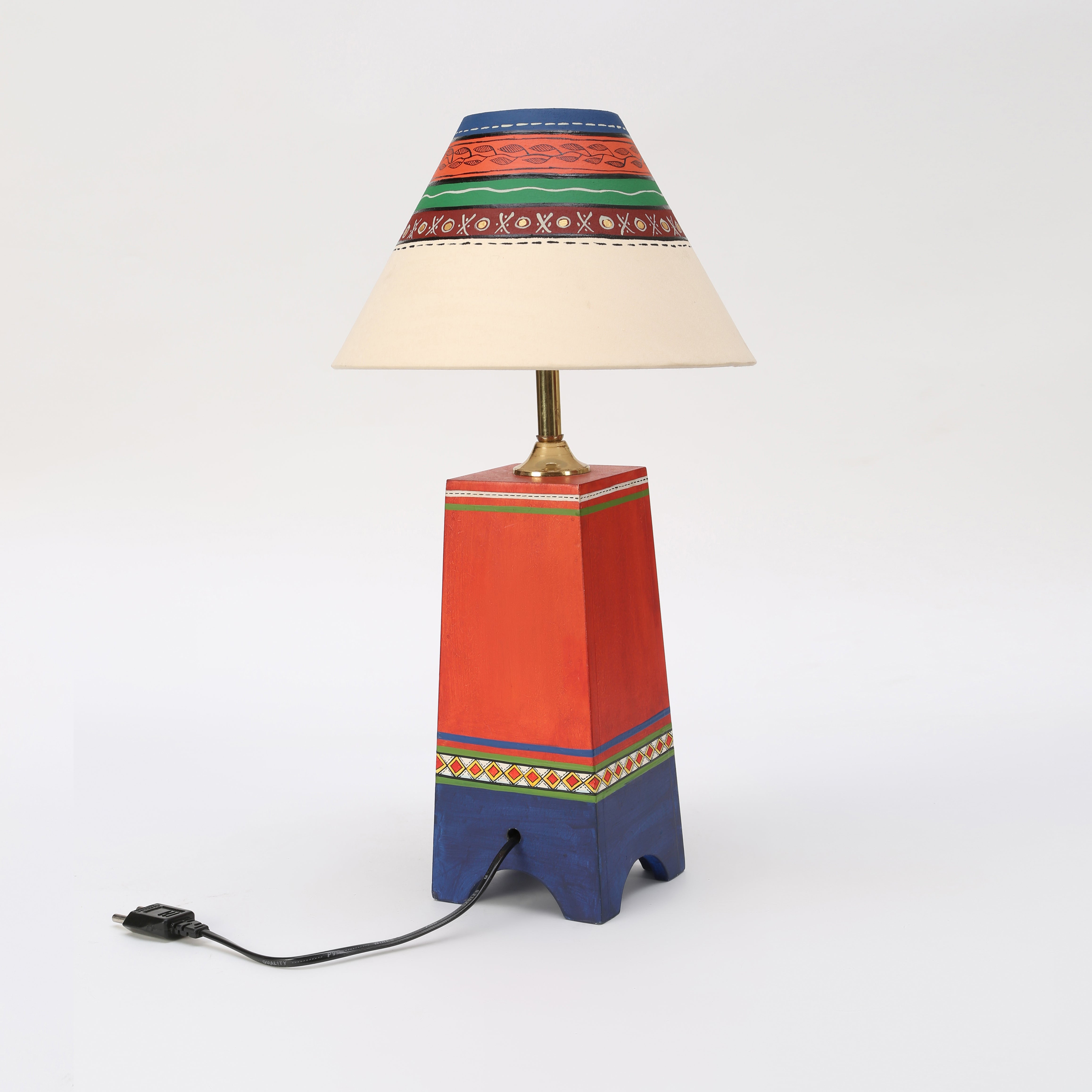 Pyramid-I wooden Table Lamp in Red decorated with Tribal paintings with white Shade