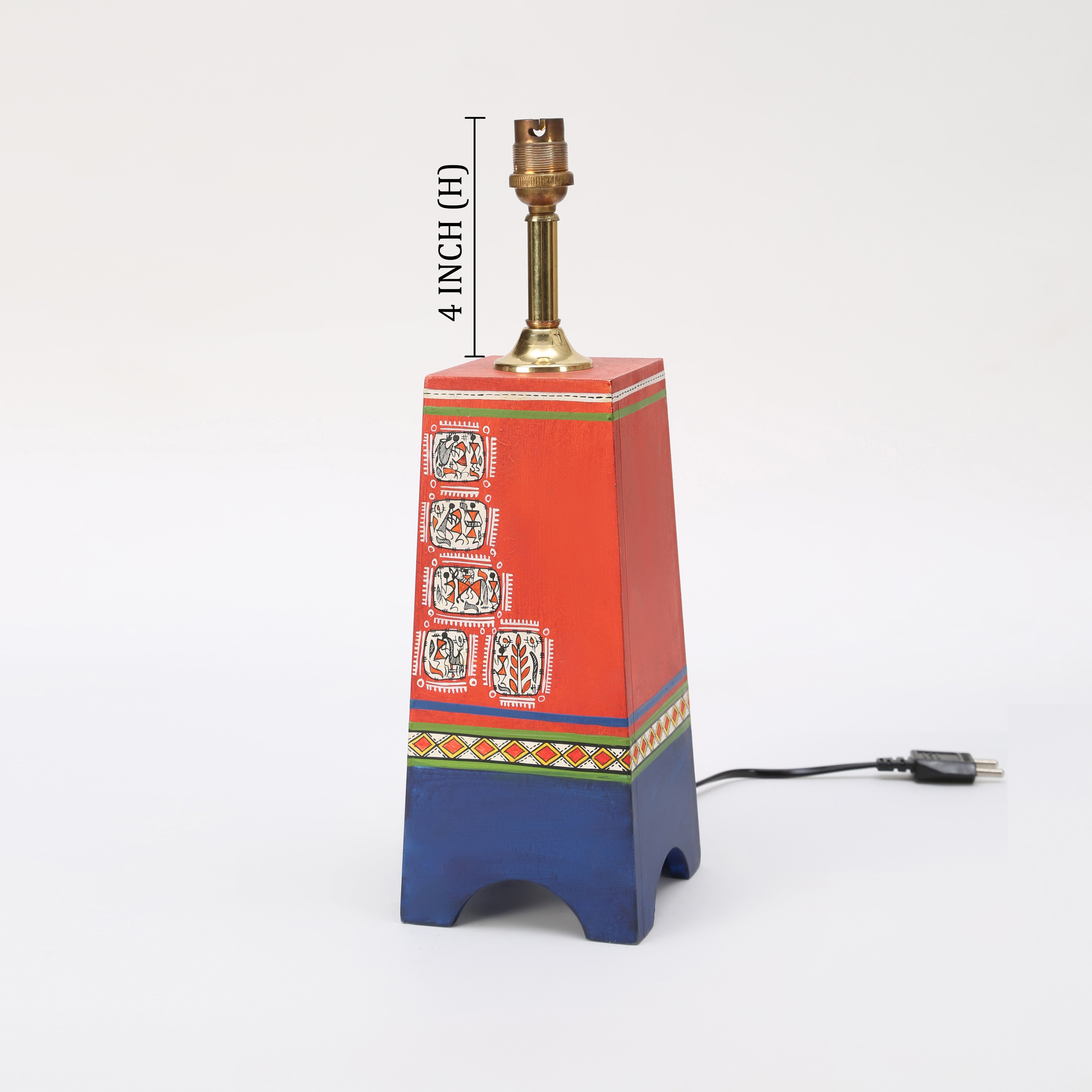 Pyramid-I wooden Table Lamp in Red decorated with Tribal paintings with white Shade