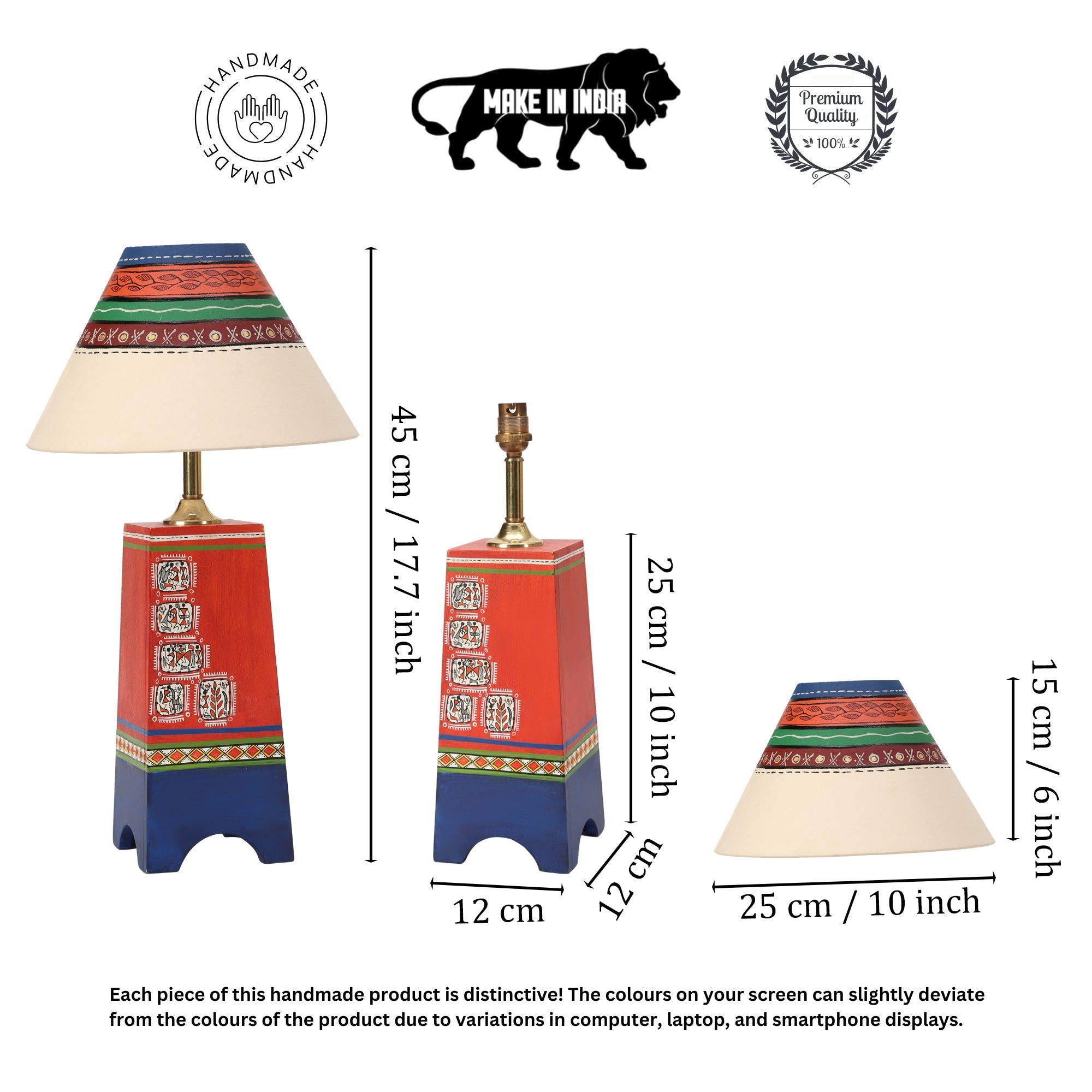 Pyramid-I wooden Table Lamp in Red decorated with Tribal paintings with white Shade