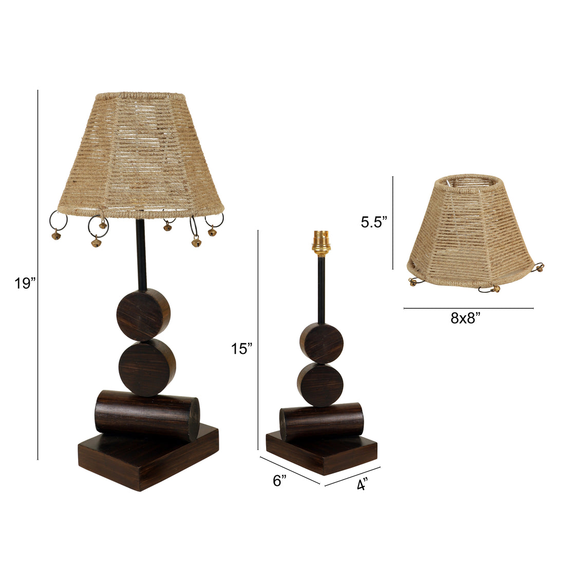 Tao Wooden Table Lamp with Tapered Drum Jute Shade-Height - 19''