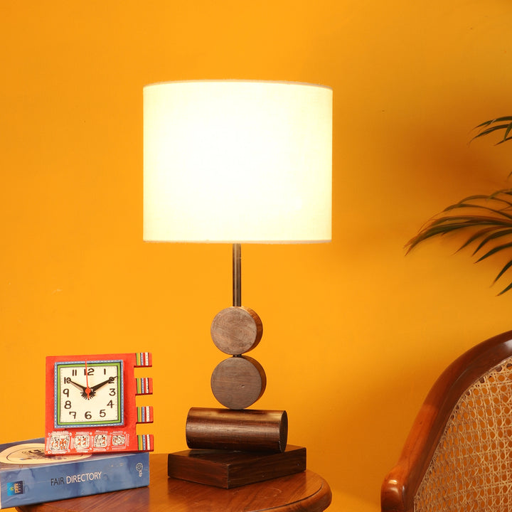 Tao I Wooden Table Lamp with Shallow Drum Shade-Height - 21''