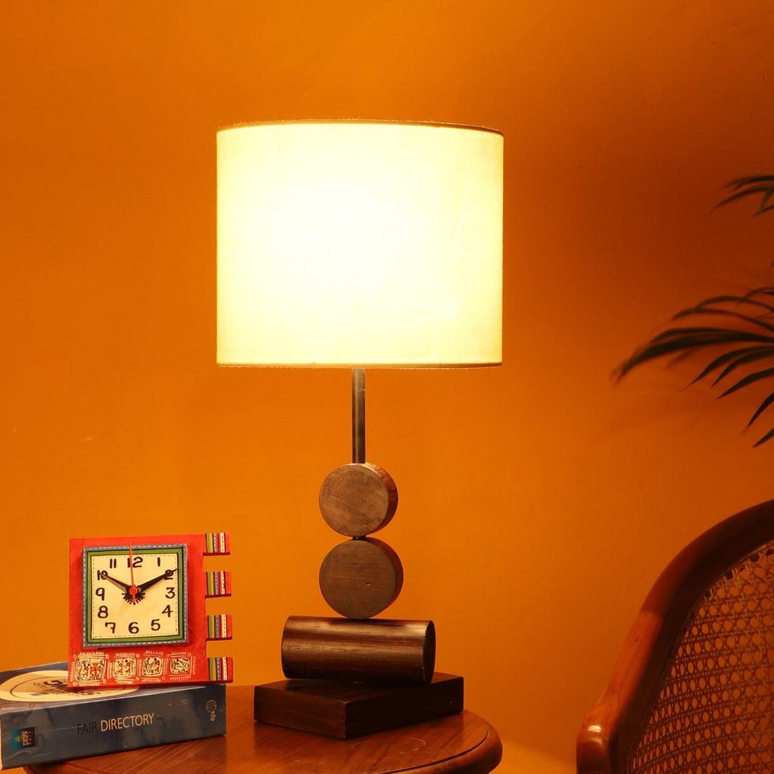 Tao I Wooden Table Lamp with Shallow Drum Shade-Height - 21''