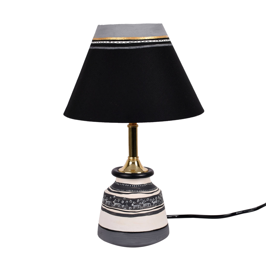 Table Lamp B&W Small Earthen Handcrafted with Black Shade (9x4.5")