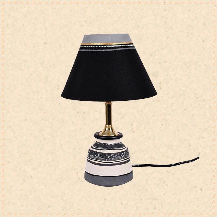 Table Lamp B&W Small Earthen Handcrafted with Black Shade (9x4.5")