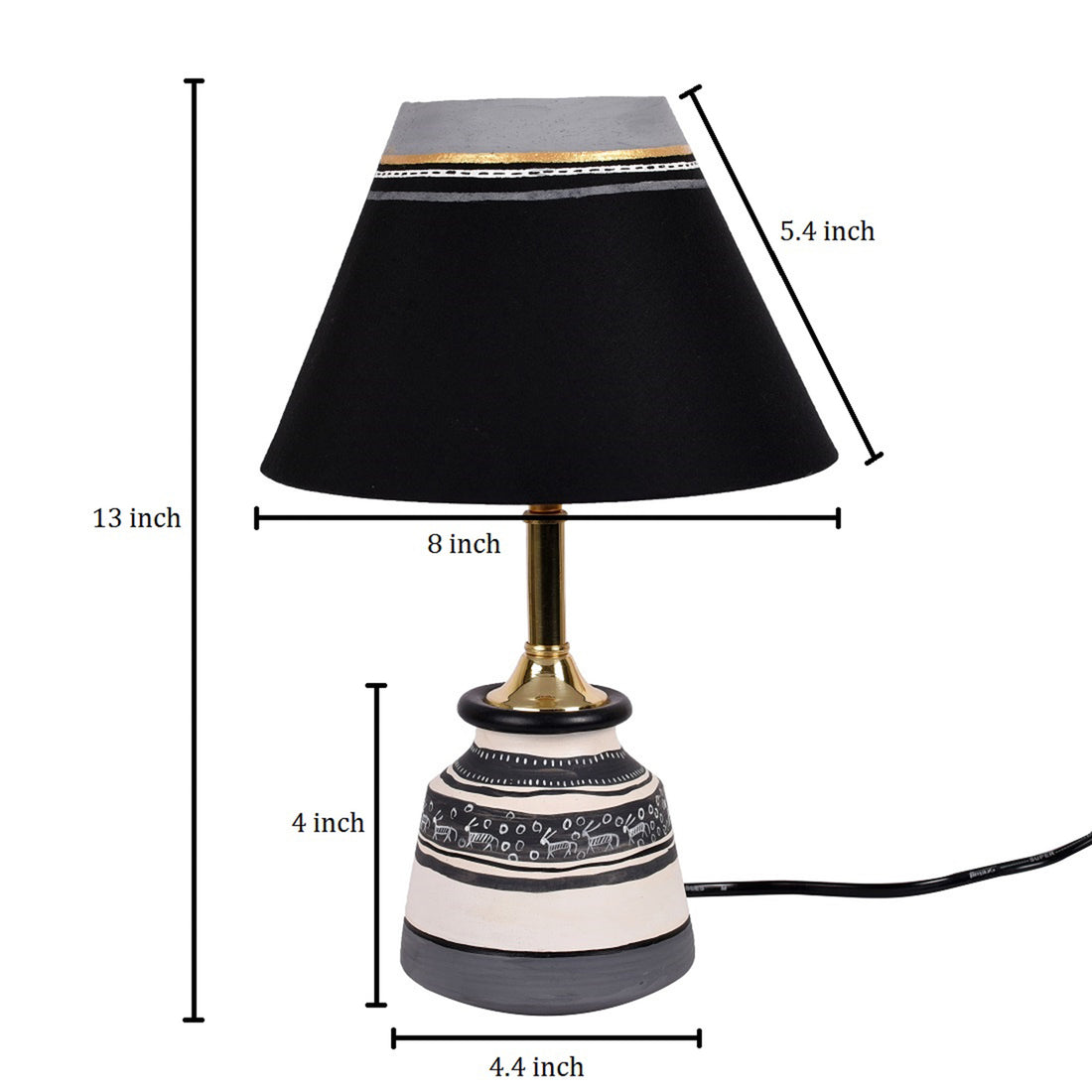 Table Lamp B&W Small Earthen Handcrafted with Black Shade (9x4.5")