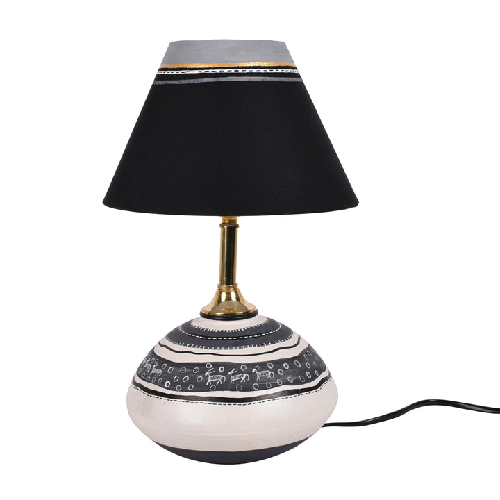 Table Lamp B&W Earthen Handcrafted with Black Shade (9.5x7")