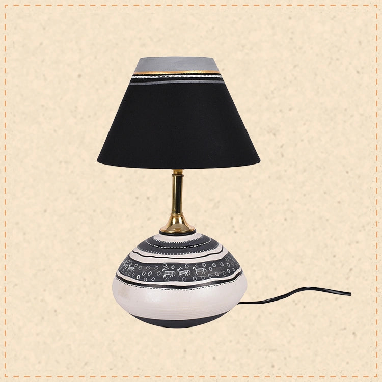 Table Lamp B&W Earthen Handcrafted with Black Shade (9.5x7")