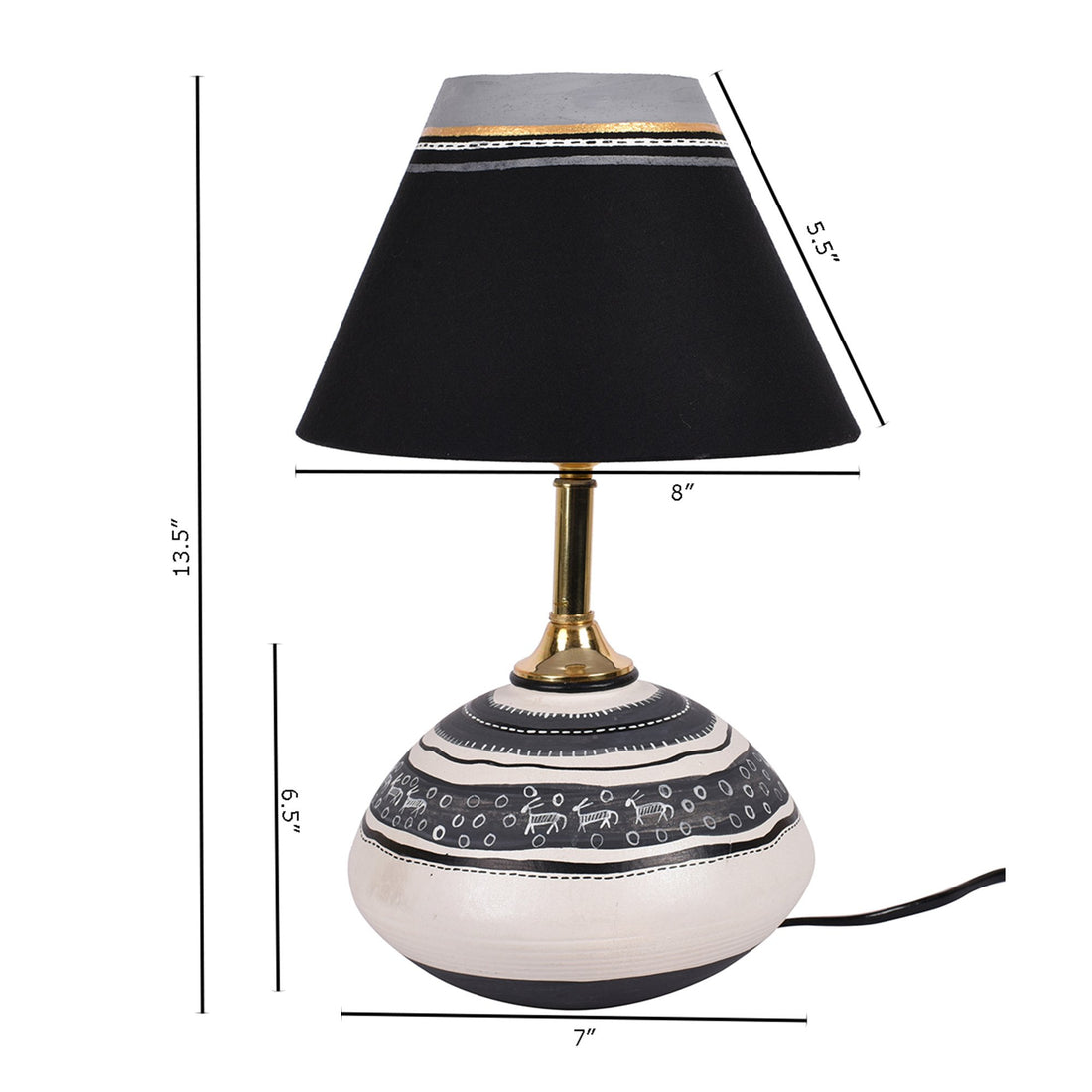 Table Lamp B&W Earthen Handcrafted with Black Shade (9.5x7")