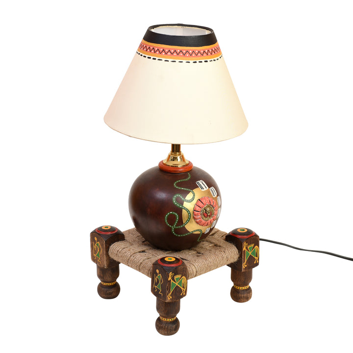 Table Lamp Earthen in Brown Color on Jute Wooden Manji Handcrafted with White Shade (8x8x17)