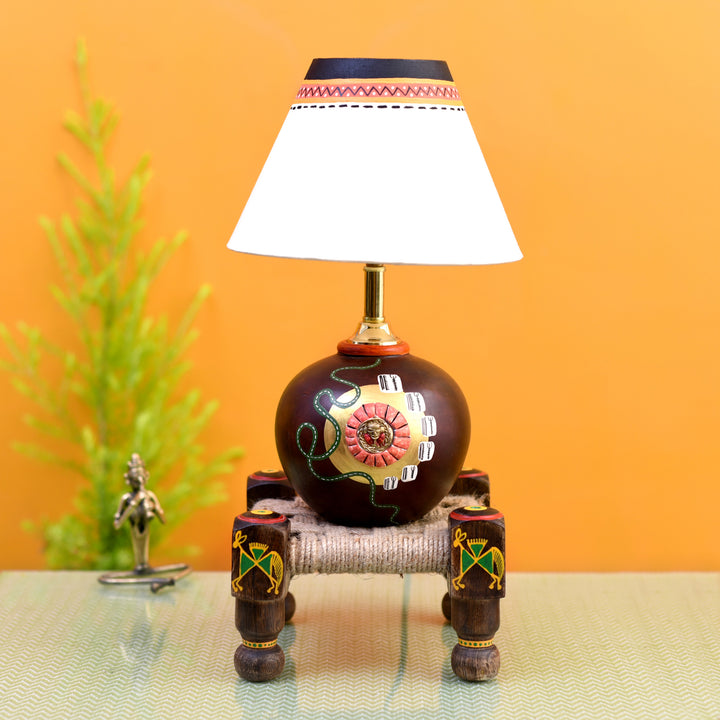 Table Lamp Earthen in Brown Color on Jute Wooden Manji Handcrafted with White Shade (8x8x17)