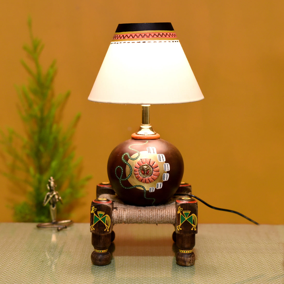 Table Lamp Earthen in Brown Color on Jute Wooden Manji Handcrafted with White Shade (8x8x17)