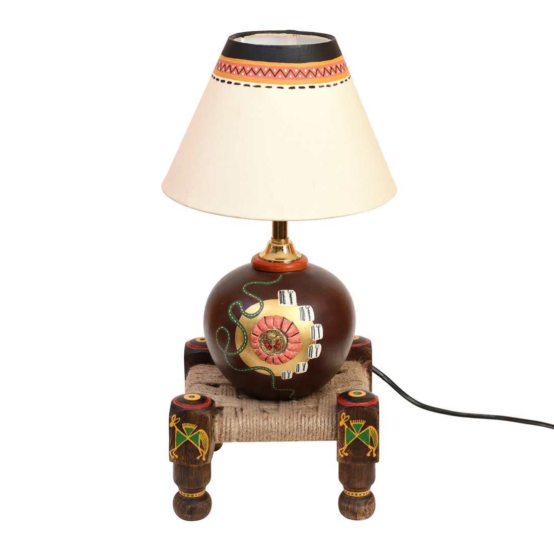 Table Lamp Earthen in Brown Color on Jute Wooden Manji Handcrafted with White Shade (8x8x17)