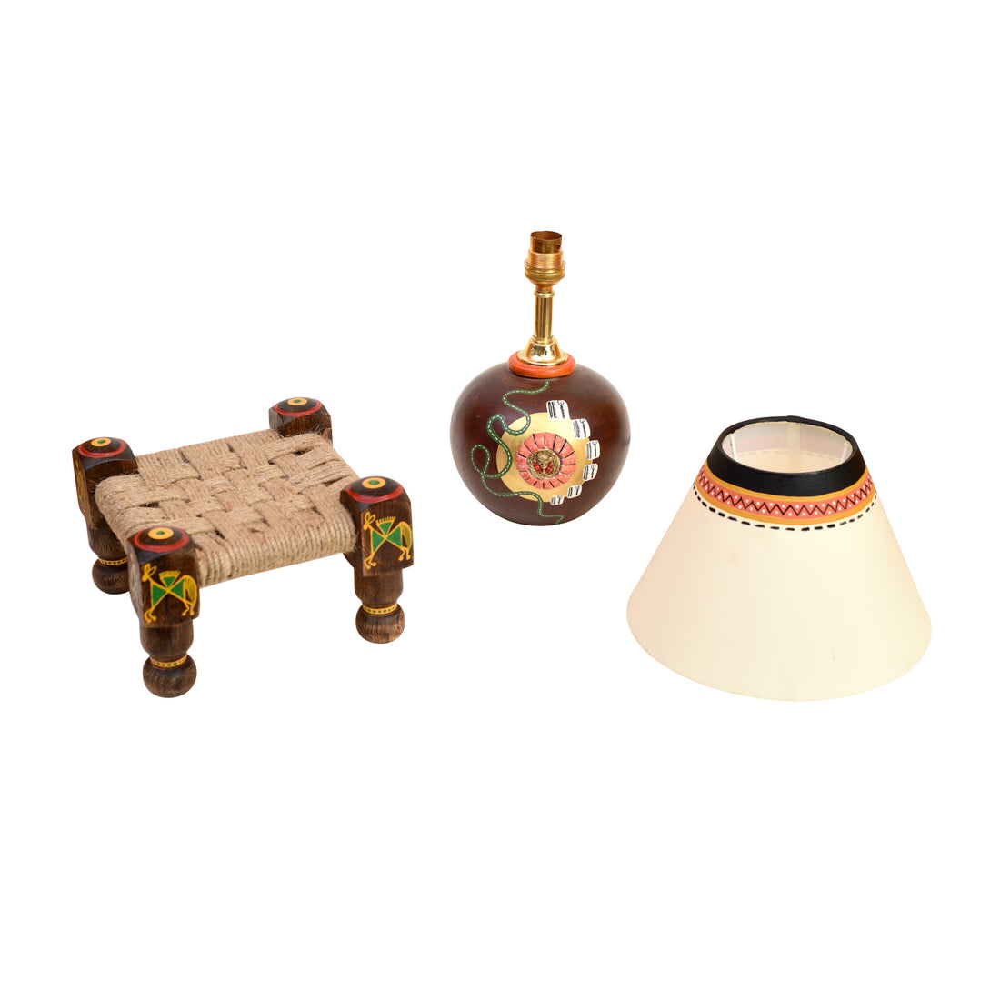 Table Lamp Earthen in Brown Color on Jute Wooden Manji Handcrafted with White Shade (8x8x17)