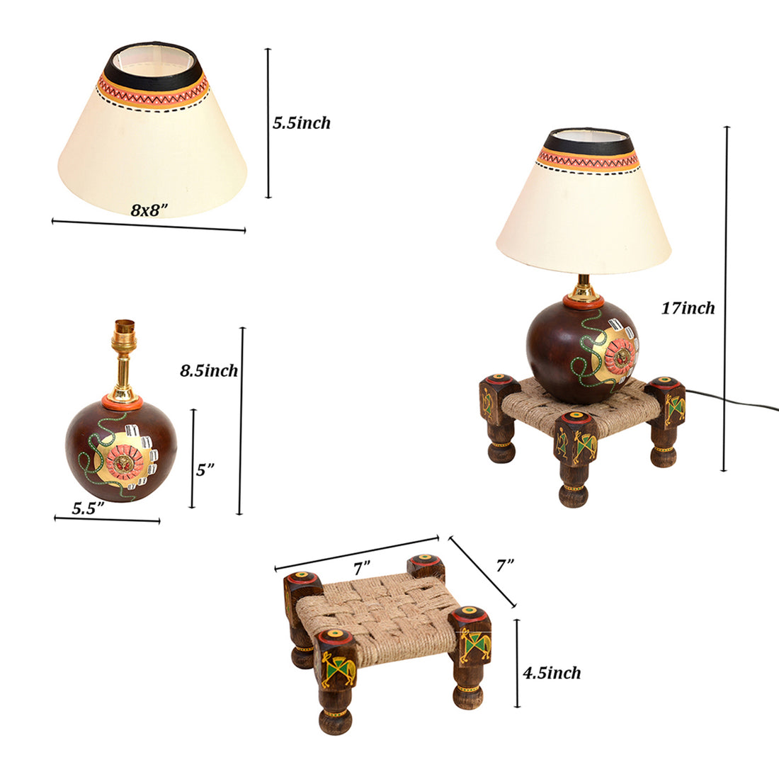 Table Lamp Earthen in Brown Color on Jute Wooden Manji Handcrafted with White Shade (8x8x17)