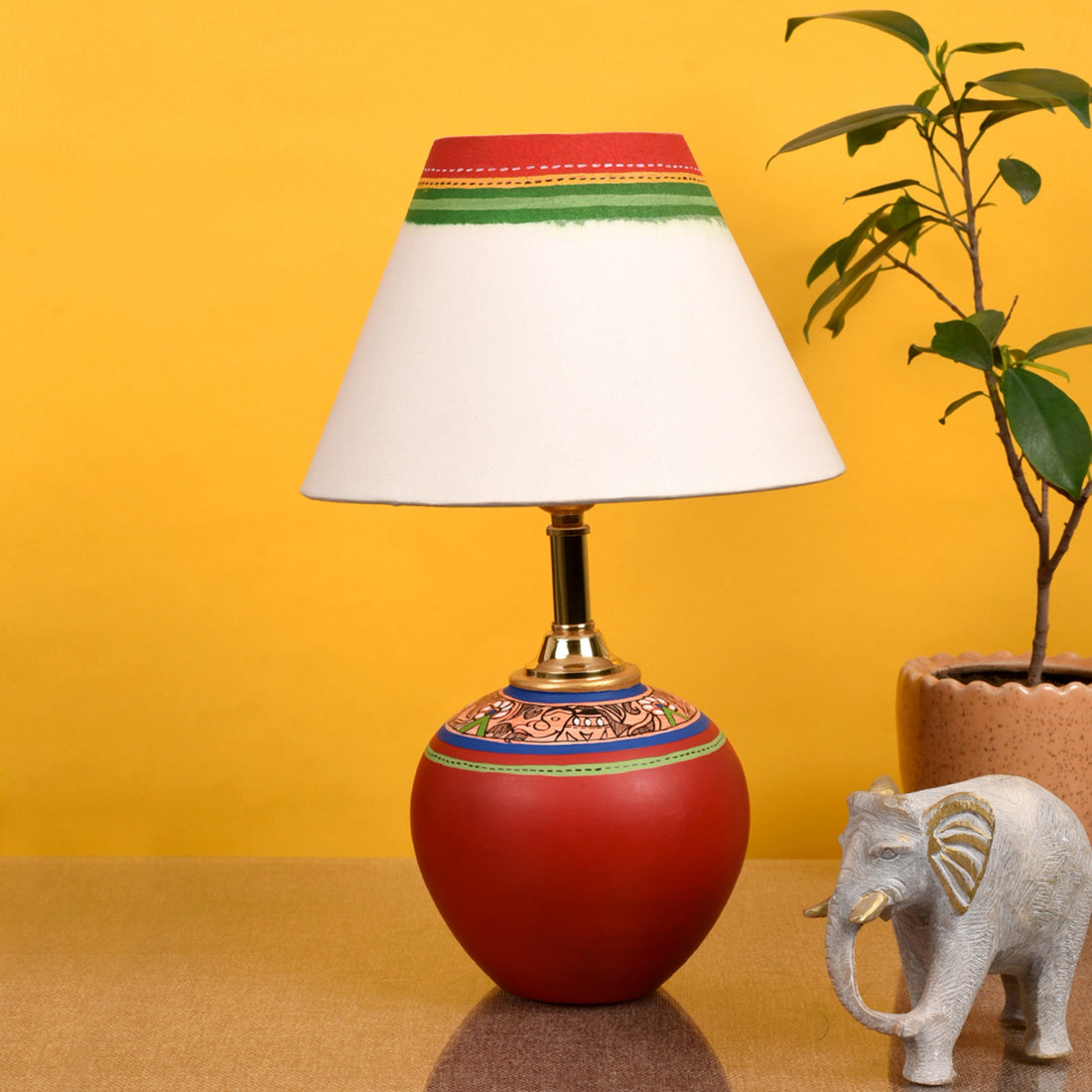 Table Lamp Red Earthen Handcrafted with White Shade (9.5x7")