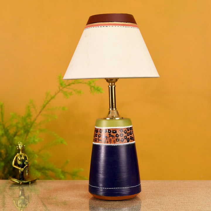 Handpainted Midnight Blue Earthen Lamp with White Shade