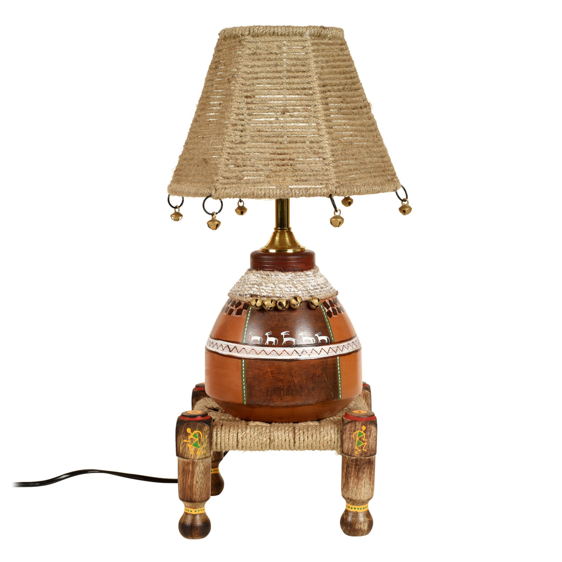 Hand Knitted Earthen Lamp with Jute Shade on Rosewood Manji (7x7x18")