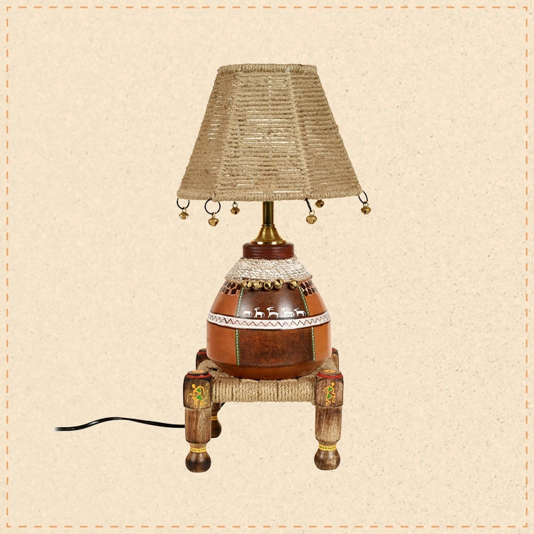 Hand Knitted Earthen Lamp with Jute Shade on Rosewood Manji (7x7x18")