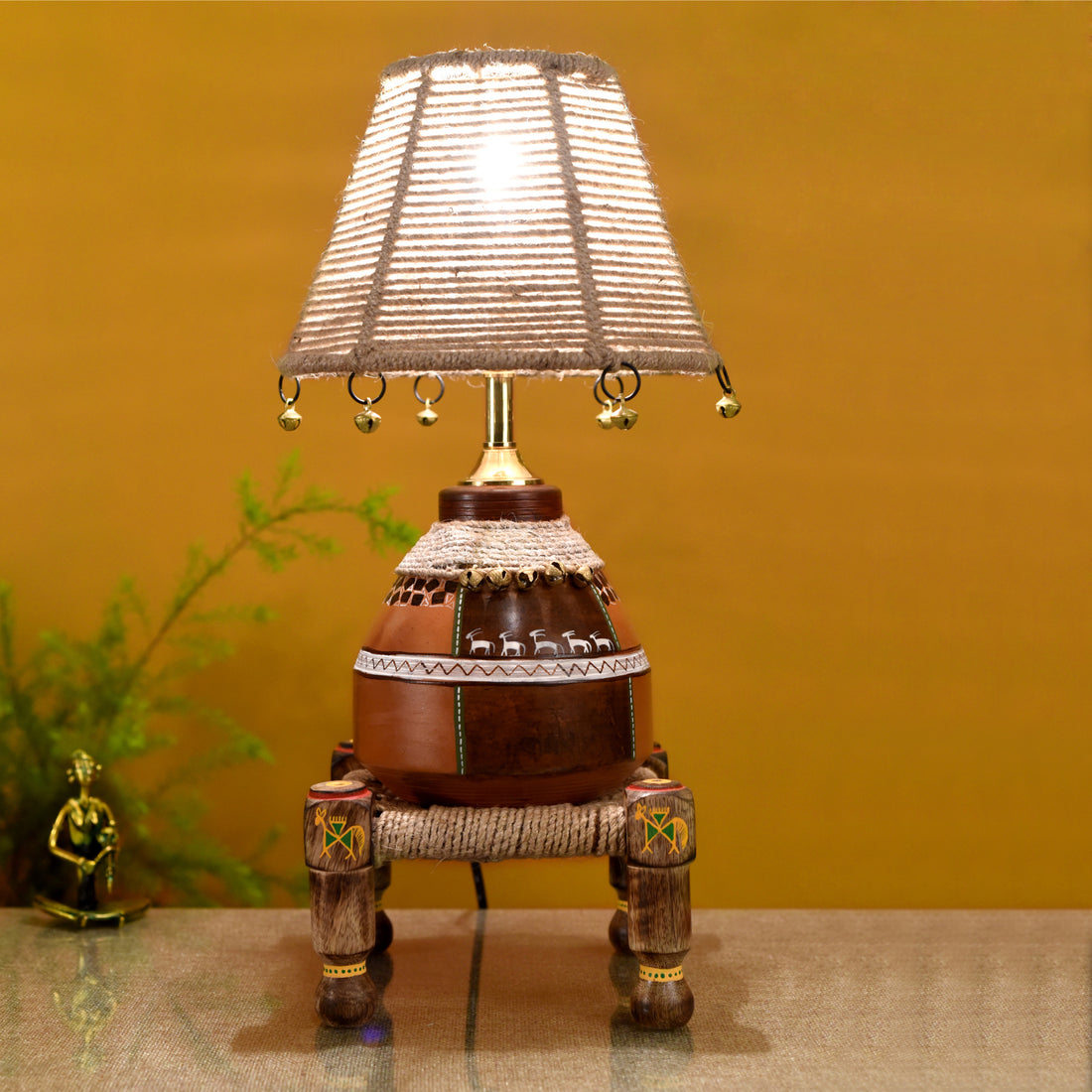 Hand Knitted Earthen Lamp with Jute Shade on Rosewood Manji (7x7x18")