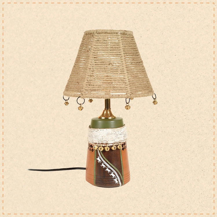 Hand Knitted Earthen Lamp with embellished Jute Shade (16x4.5")