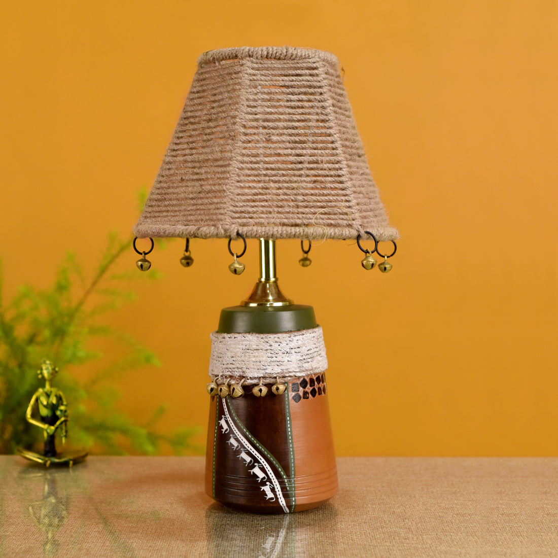 Hand Knitted Earthen Lamp with embellished Jute Shade (16x4.5")