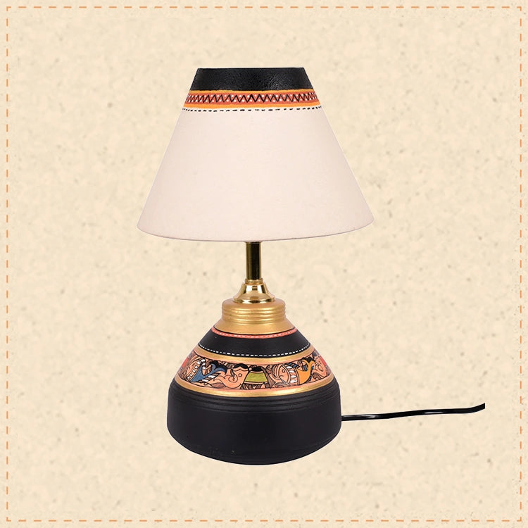 Table Lamp Black Earthen Handcrafted with White Shade (9.5x6")
