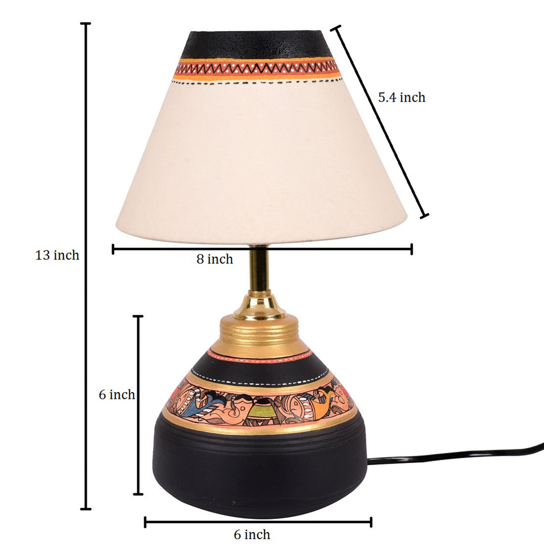 Table Lamp Black Earthen Handcrafted with White Shade (9.5x6")