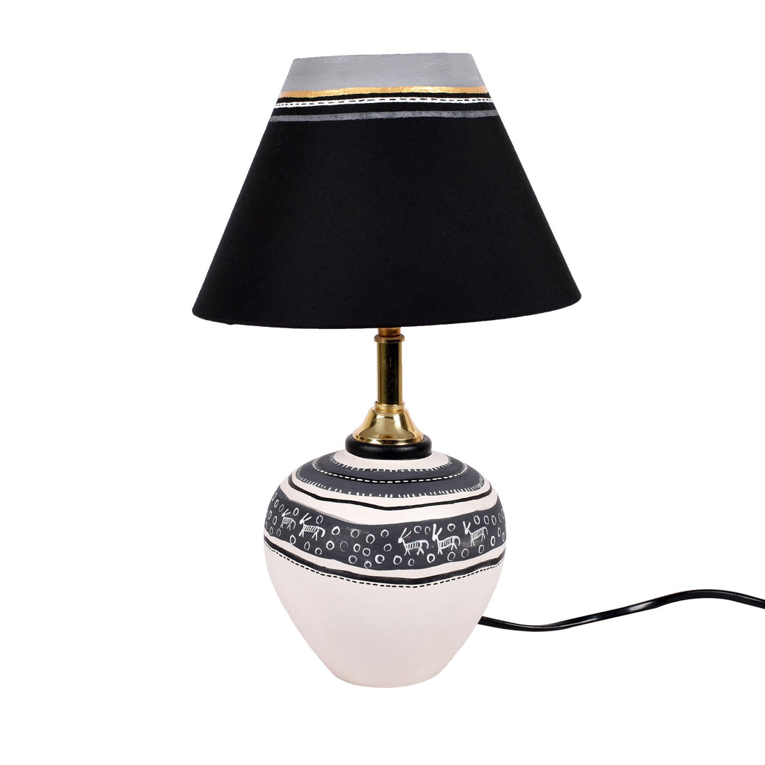 Table Lamp B&W Earthen Handcrafted with White Shade (9x5.3")