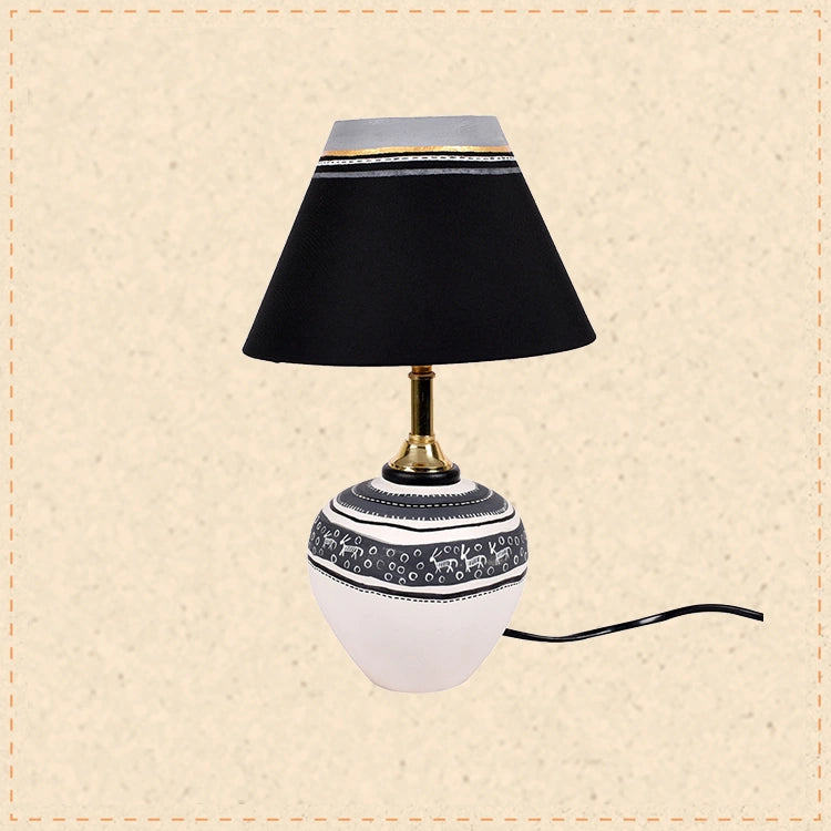Table Lamp B&W Earthen Handcrafted with White Shade (9x5.3")