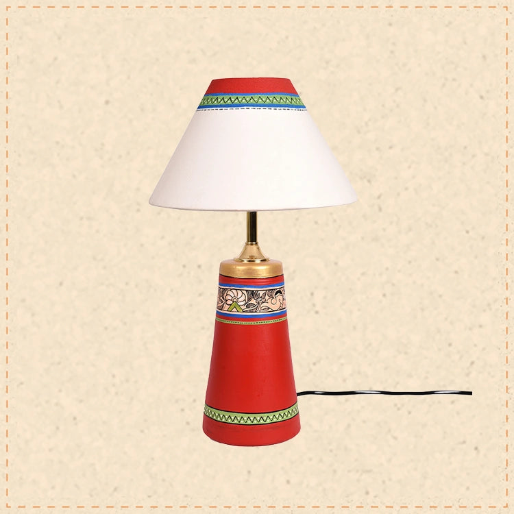 Table Lamp Red Earthen Handcrafted with White Shade (13x4.7")
