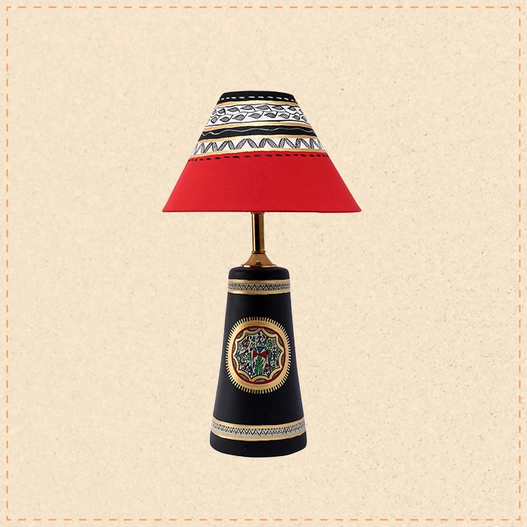 Soma Table Lamp- Hand Painted with warli Art in Black with Red Hand Painted Fabric Shade