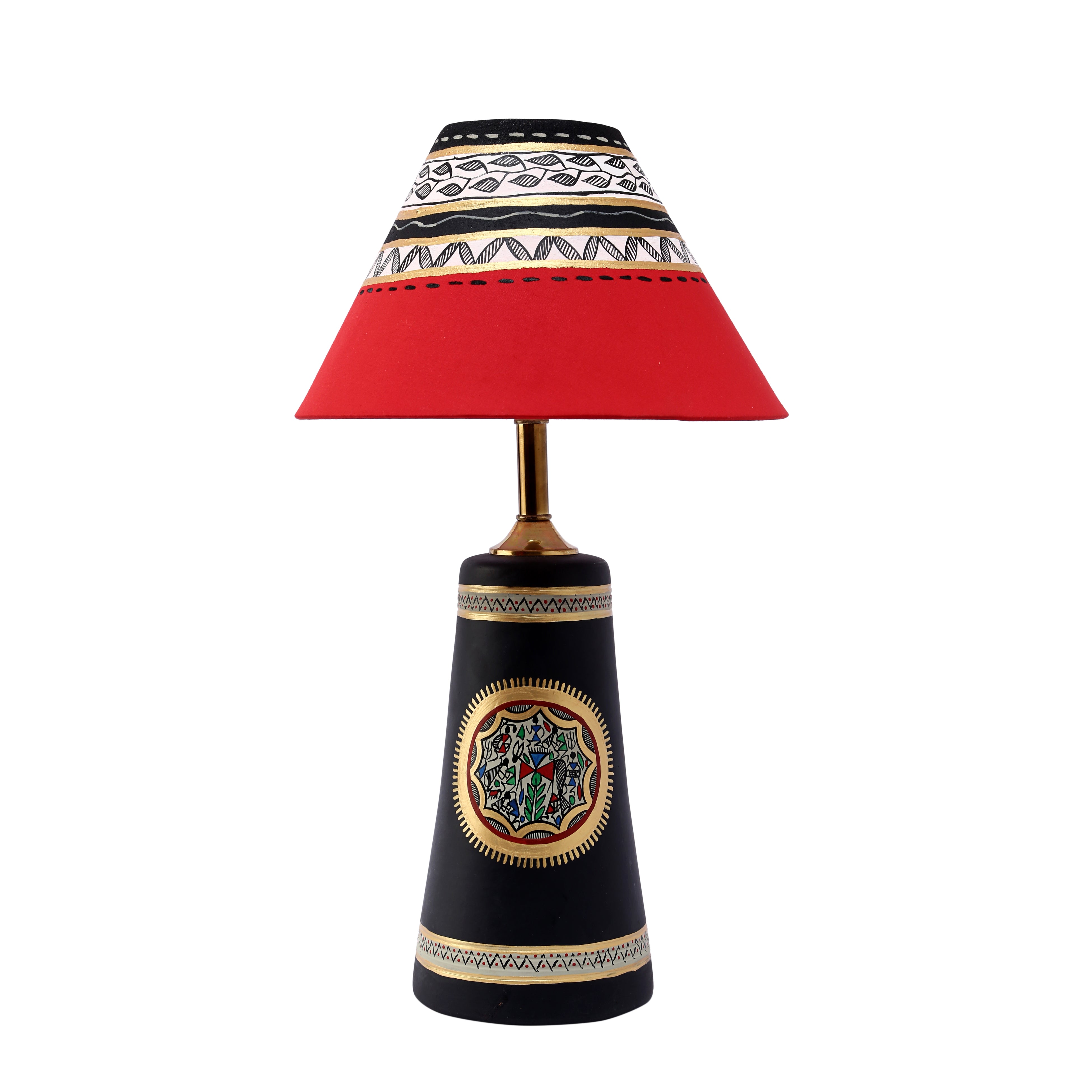 Soma Table Lamp- Hand Painted with warli Art in Black with Red Hand Painted Fabric Shade