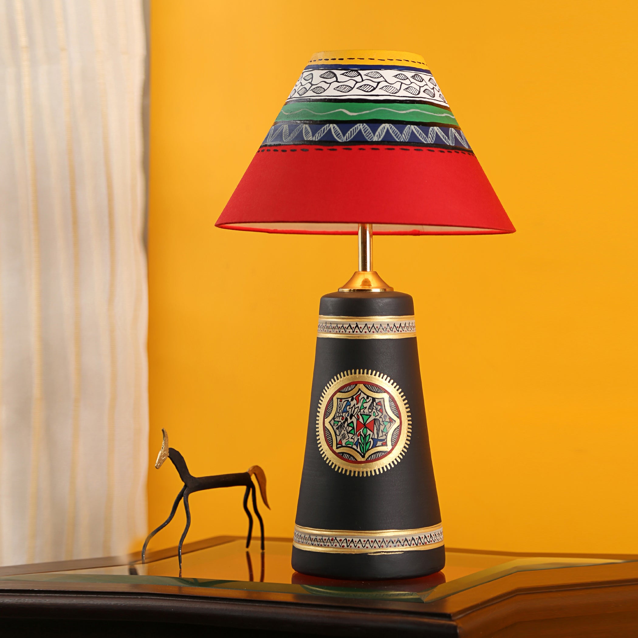 Soma Table Lamp- Hand Painted with warli Art in Black with Red Hand Painted Fabric Shade