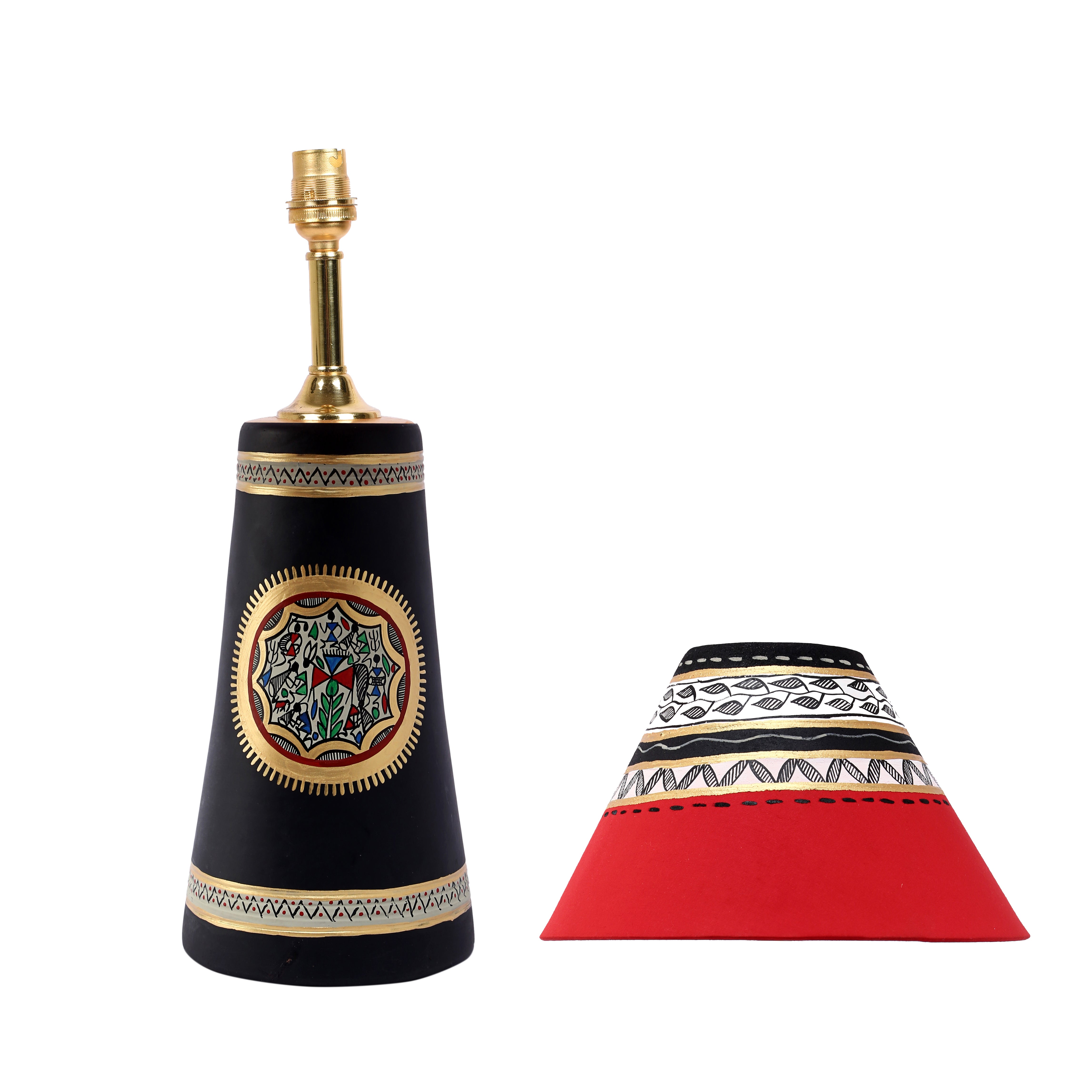 Soma Table Lamp- Hand Painted with warli Art in Black with Red Hand Painted Fabric Shade