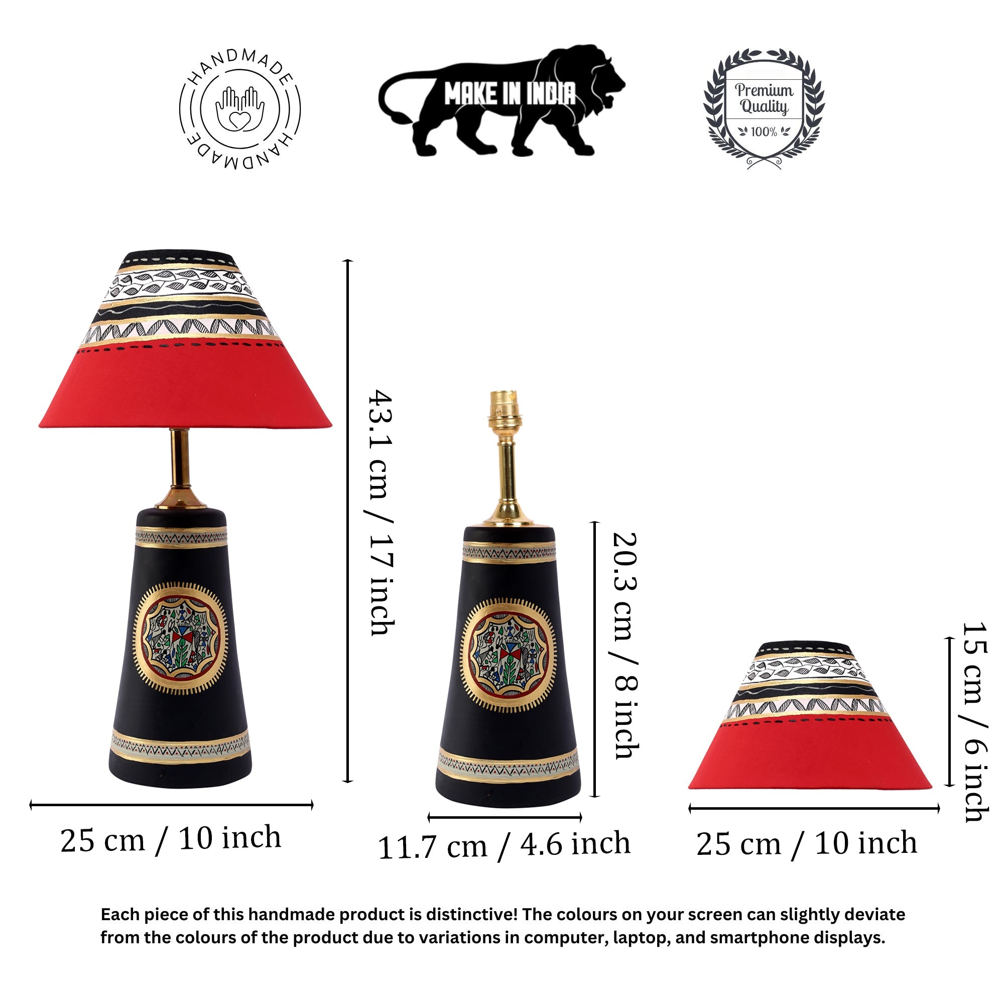 Soma Table Lamp- Hand Painted with warli Art in Black with Red Hand Painted Fabric Shade