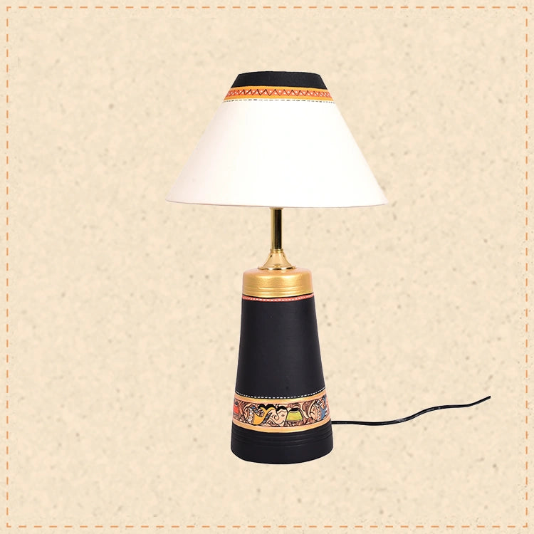 Table Lamp Black Earthen Handcrafted with White Shade (13x4.7")