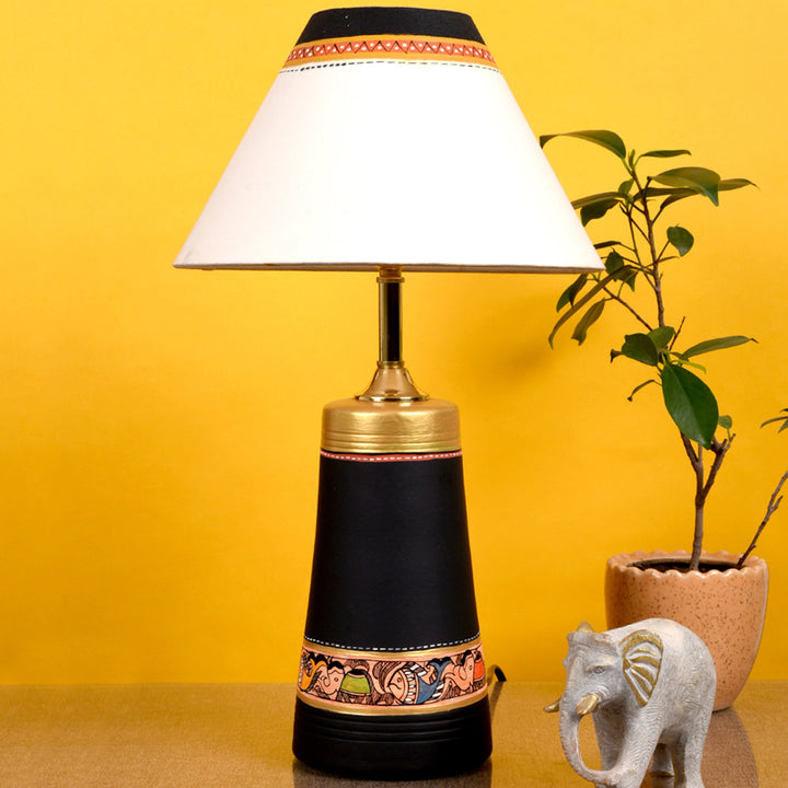 Table Lamp Black Earthen Handcrafted with White Shade (13x4.7")