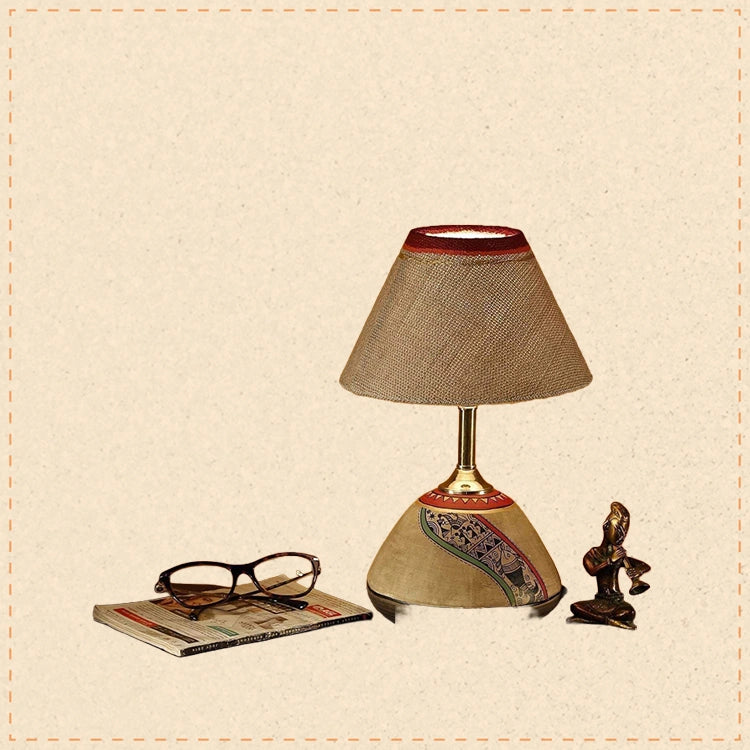 Table Lamp Beige Earthen Handcrafted with White Shade (12.6x6.1")