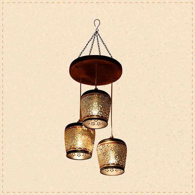 Moon-3 Chandelier With Metal Hanging Lamps In Simmering Gold (3 Shades)