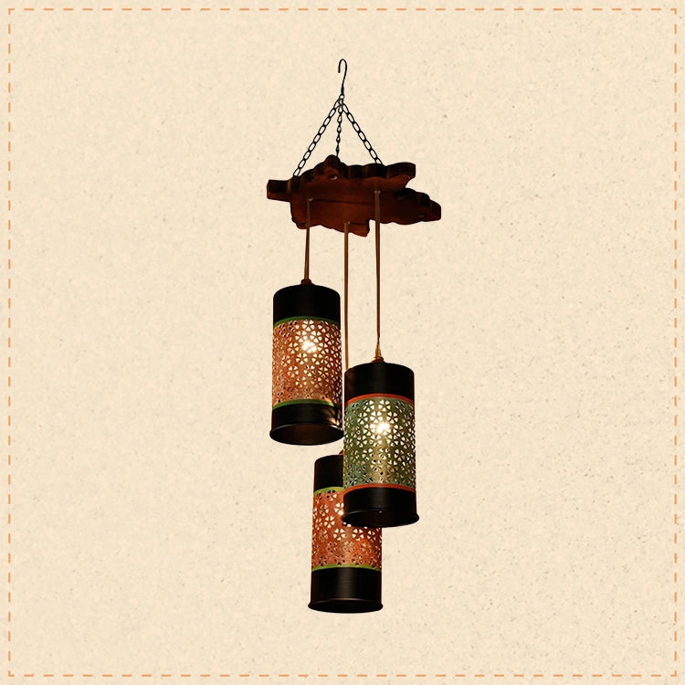 Celo-3 Chandelier With Cylindrical Metal Hanging Lamps (3 Shades)
