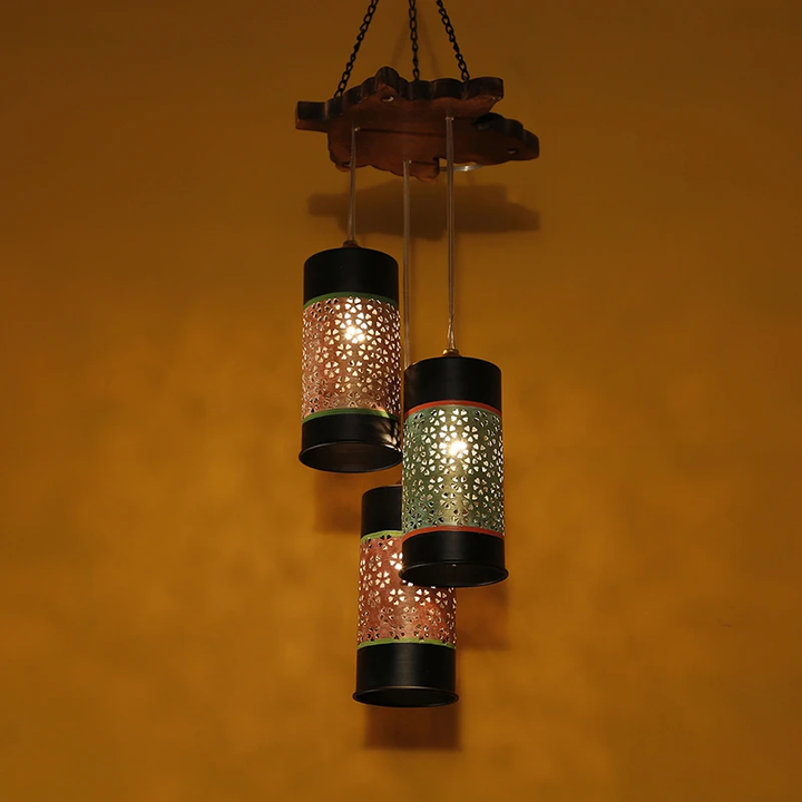 Celo-3 Chandelier With Cylindrical Metal Hanging Lamps (3 Shades)