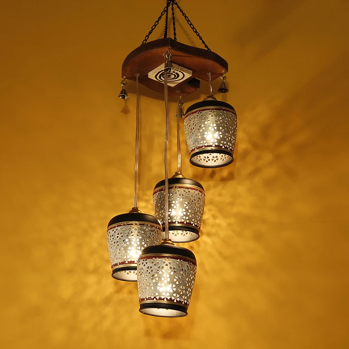 Moon-4 Chandelier With Metal Hanging Lamps In Simmering Gold (4 Shades)