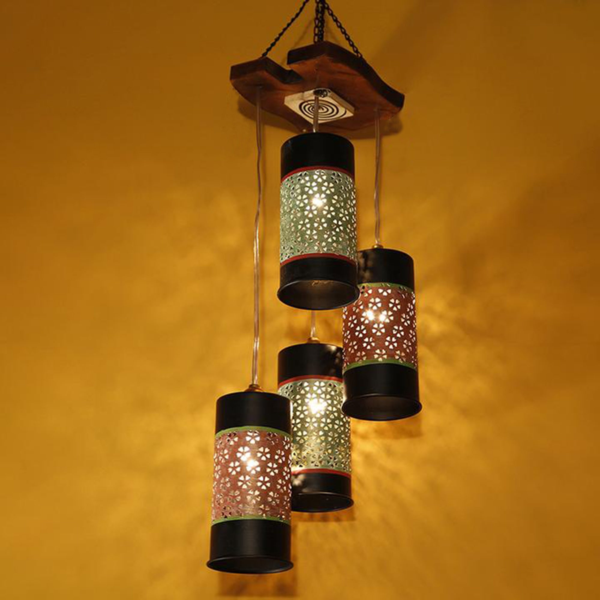 Celo-4 Chandelier With Cylindrical Metal Hanging Lamps (4 Shades)