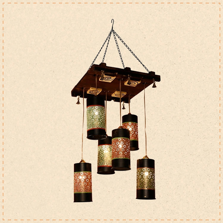 Celo-6 Chandelier With Cylindrical Metal Hanging Lamps (6 Shades)