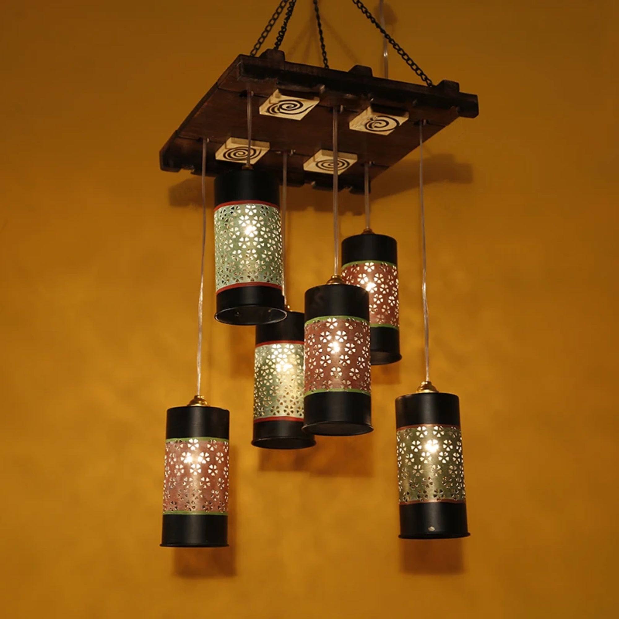 Celo-6 Chandelier With Cylindrical Metal Hanging Lamps (6 Shades)