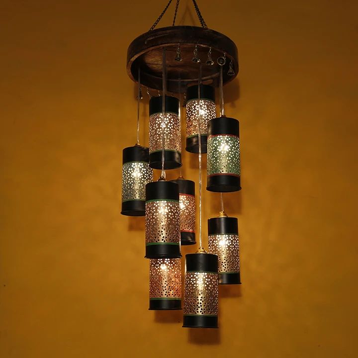 Celo-9 Chandelier With Cylindrical Metal Hanging Lamps (9 Shades)